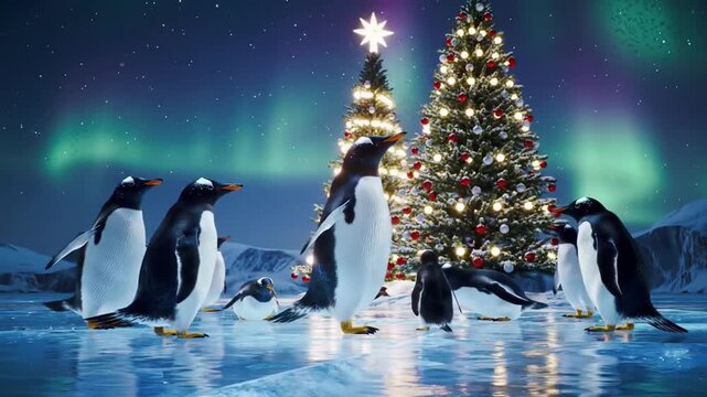 Penguins Gathering Near Decorated Trees in Winter Landscape