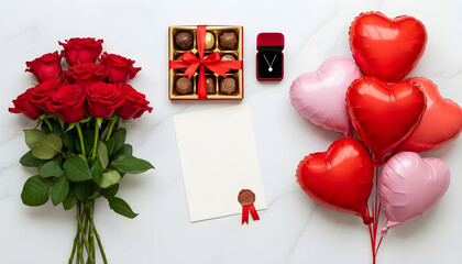 Bouquet of red roses with box of assorted chocolates, heart shaped balloons, jewelry gift box, and blank letter with wax seal on white marble surface for Valentine's Day