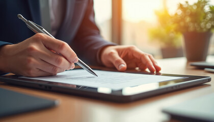 Male signs official document using pen on tablet. Man fills form in office. Paperless workflow, digital signature, modern tech, business app usage concept. Entrepreneur works with electronic contract