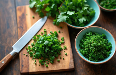 Fresh green parsley and chives chopped on wood cutting board. Bowl with cutted herbs. Kitchen knife. Preparation for cooking vegetarian vegan dish at home or restaurant.