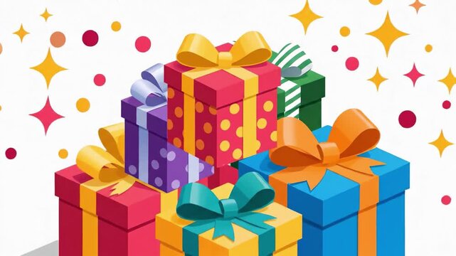 A pile of brightly wrapped presents isolated on a white background. This clean vector graphic is ideal for e-commerce promotions, holiday sales banners, or loyalty program reward icons.