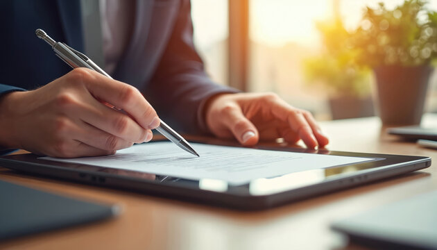 Male signs official document using pen on tablet. Man fills form in office. Paperless workflow, digital signature, modern tech, business app usage concept. Entrepreneur works with electronic contract