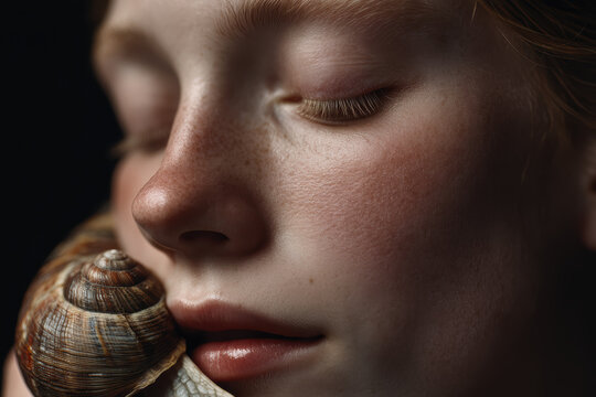 Serene Young Girl Gently Holding a Giant Snail in Soft Focus for Mindfulness or Wellness Concept