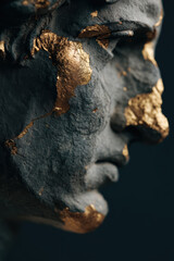 Melancholic Sculpted Face Adorned with Gold Leaf in Dramatic Low Light for Remembrance or Reflection