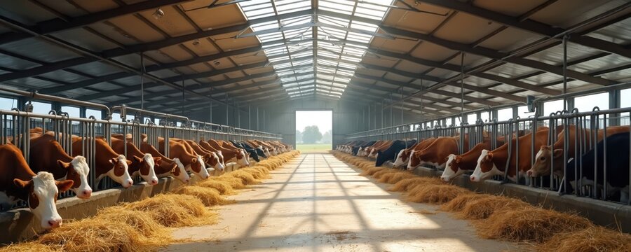 Modern barn interior with many cows eating hay from long trough. Cattle line up evenly, consuming feed in a well lit farm building. Agricultural industry setting for dairy production.