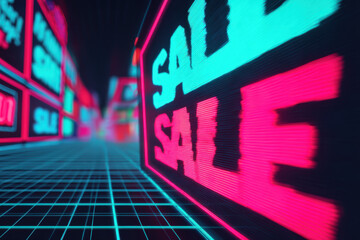 Futuristic Neon Sale Billboard in a Cyberpunk Cityscape