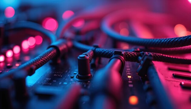Close up photo of synthesizer electronic music equipment. Neon lights shine on cables knobs connectors. Modern studio tech concept or wallpaper design. Sound production.