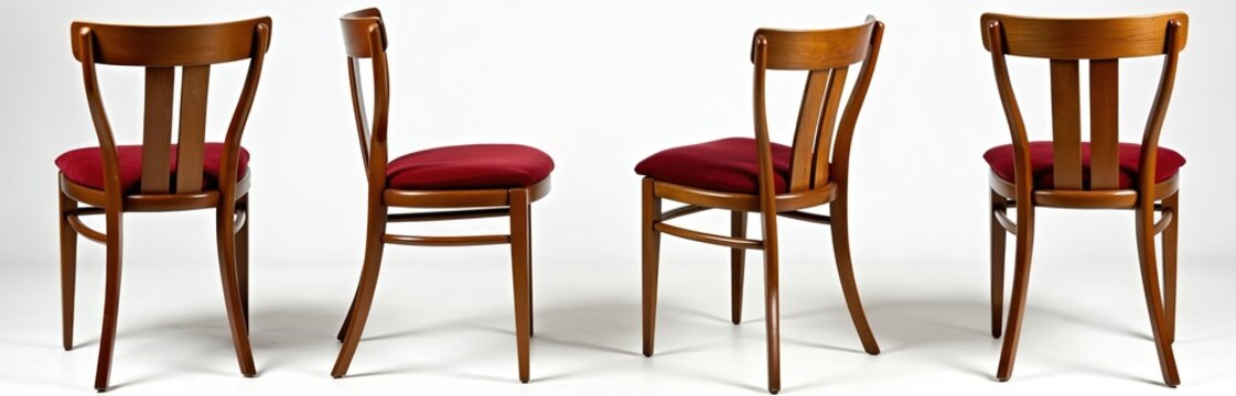 Four wooden chairs with red seats. Chairs made of wood, curved legs. Viewed from different sides on white background. Chairs soft red upholstery, rounded backrest. Wooden furniture with red cushions.