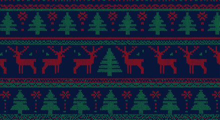 Festive Scandinavian-inspired knitted pattern featuring traditional Christmas motifs like reindeer and fir trees in classic red, green, and blue colors