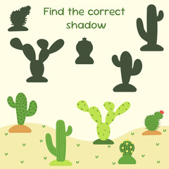Game for kids, task, puzzle, desert, cacti, find the right shadow, preschoolers, child development