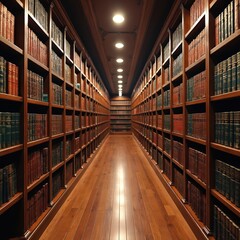 Obraz premium Dimly lit library aisle with endless wooden shelves packed full of old legal books. Tall library stacks recede into distance. Warm polished wood floor reflects overhead lighting.