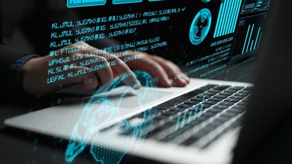 A business professional works on a laptop surrounded by a futuristic digital interface showcasing various data graphs and metrics for informed decision-making. Cipher