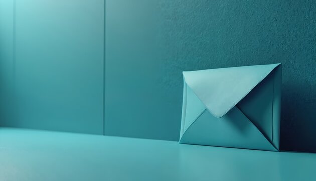 Teal envelope rests on teal surface. Blue textured wall provides background for this clean, modern email communication concept. Minimal graphic design.