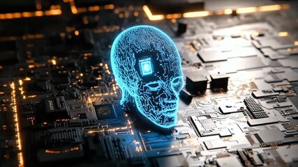 Artificial Intelligence concept: glowing digital human head CPU processing data on a futuristic electronic circuit board motherboard - Powered by Adobe
