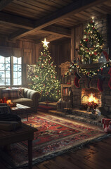 A warm living room with a Christmas tree, decorations, and a glowing fireplace creates an atmosphere of comfort and celebration. The lights softly illuminate the wooden walls and rug.
