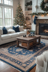 A cozy living room in Christmas decor with a Christmas tree, a fireplace, sofas, a table with a view and a blue rug in light tones