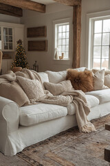 A bright living room with a soft white sofa, fluffy pillows, and warm blankets creates a peaceful and cozy atmosphere. Gentle winter light filters through the windows, and a small Christmas tree stand