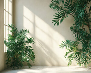 Bright sunlight fills the room, casting soft shadows from green palm plants by the window. A calm atmosphere of coziness and freshness.