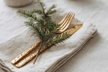Golden cutlery with fir branch placed on folded linen napkin on neutral tablecloth
