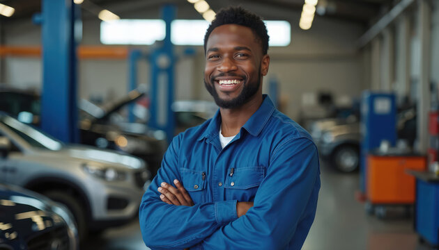 African descent car mechanic stands in repair shop. Man in blue uniform with folded arms poses in auto service center. Pro technician smiles looks at camera repair occupation success. - Powered by Adobe