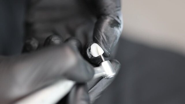 Close-up of dentist&rsquo;s hands polishing a ceramic dental veneer with a rotary tool. Precision work during finishing stage in modern dental laboratory.