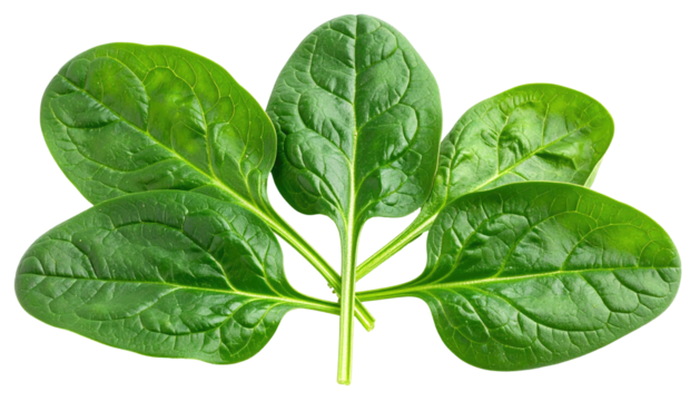 Close-up of five vibrant, fresh spinach leaves arranged in a fan shape against a dark background
