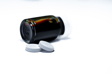 Prescription pills, pill bottles. Medicines that require a prescription. Pharmacy medicines, health, treatment, medicine, medical care, pharmaceutical products. 