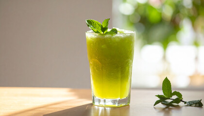 Refreshing mint lemonade slush on wooden table, healthy summer cold beverage, natural