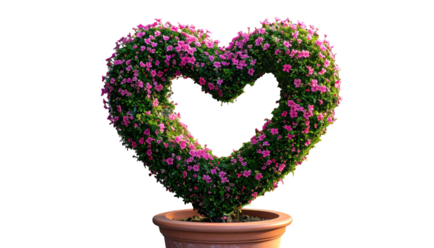 Pink flower covered heart-shaped bush in terra-cotta pot on black background, sunlight casting shadows