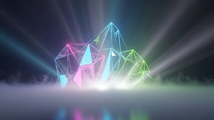 Geometric structures outlined in vibrant neon colors emanating from a foggy environment, a digital art