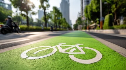 Bicycle lane marked with white symbol lining in urban street surrounded by greenery under sunny sky with modern city buildings in the background