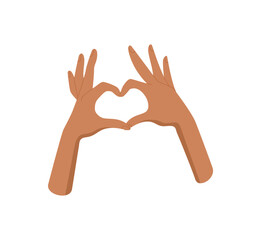 Cartoon style hands forming a heart gesture sticker. Raised hands express love and human connection. Symbol of unity and diversity, designed with flat art, ideal for banners or creative projects.