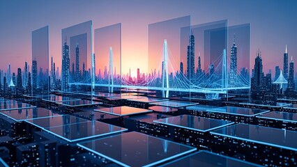 Futuristic city with transparent panels displaying data over a modern skyline at sunset