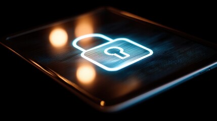 Digital Lock Icon On Tablet Screen With Soft Light Reflection Illustrating Cybersecurity, Data Protection, And Privacy In Modern Technology