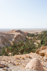 Beautiful aerial view of Chebika oasis. Sunny day, no people. Tunisia