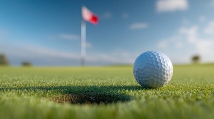Obraz premium Close-Up Golf Ball on Green Grass Near Flag in Background Under Blue Sky on a Sunny Day at a Beautiful Golf Course Perfect for Sports and Recreation
