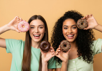 Happy multi-ethnic friends holding sweet donuts