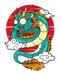 Enigmatic Dragon: A vibrant illustration of a mythical dragon with a mischievous grin and stylish glasses against a bold red sun background, embodying fantasy and mystique.