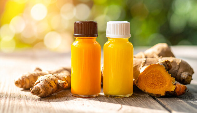 Small yellow and orange health shot bottles with fresh ginger and turmeric roots on wooden table