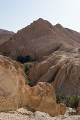 Beautiful eroded hills at Chebika canyon with palm trees. Tunisia
