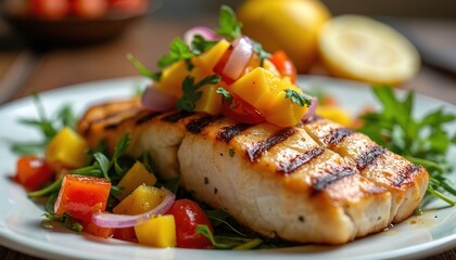 Grilled white fish fillet served with fresh mango salsa topping and greens on white plate. Delicious seafood meal preparation with tropical fruit salad garnish. Healthy lunch or dinner course.