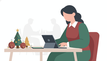 Businesswoman working on a tablet with holiday decorations in the office flat vector illustration