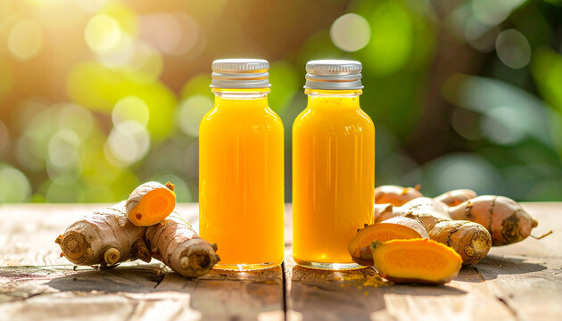 Small yellow and orange health shot bottles with fresh ginger and turmeric roots on wooden table
