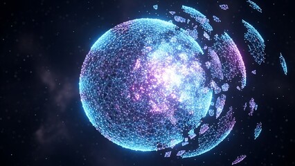 Glowing sphere breaking apart in space with blue, purple, and white light. Abstract digital art