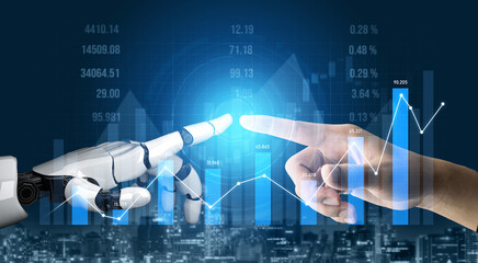 A robotic hand reaches toward a human finger in a digital landscape full of data analytics, representing the future of interaction and technology integration in modern society. Scalp
