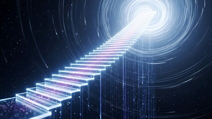 Illuminated staircase ascends into a bright tunnel, surrounded by cosmic particles