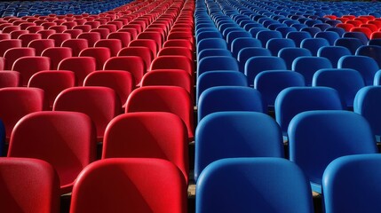Naklejka premium Rows of Red and Blue Stadium Seats in a Symmetrical Pattern with Natural Lighting Creating a Vivid Atmosphere of Excitement