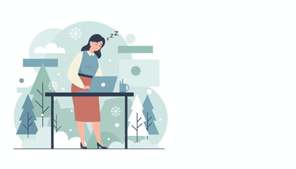 A tired businesswoman sleeping while working on a laptop during the cold winter season