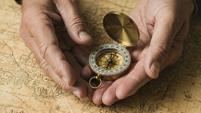 Hands holding compass over vintage map navigational guidance