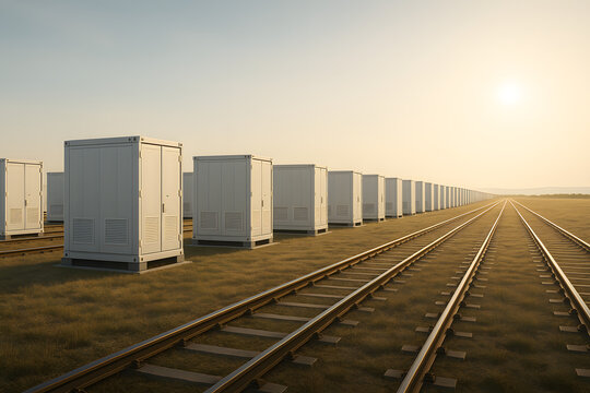 Parallel rows of modular electrical enclosures beside railway tracks under setting sun